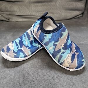 Blue and Gray Water Shoes with Camouflage Design